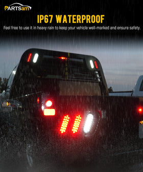 Partsam illuminated at night showing bright red brake and visible tail light