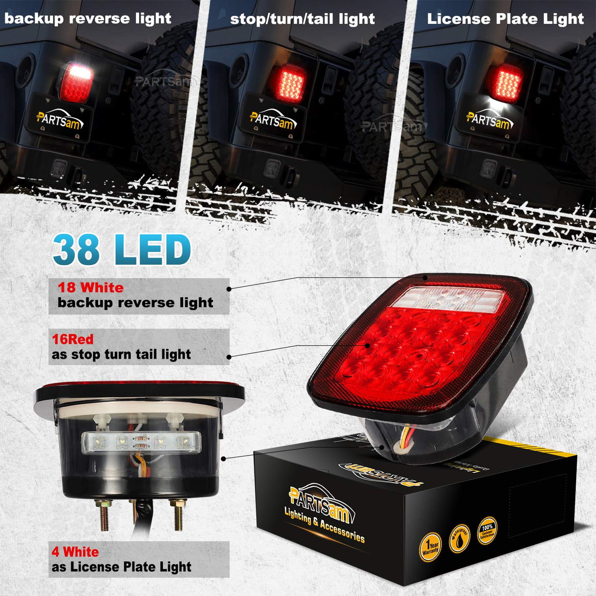 Partsam nighttime illumination showing bright stop and reverse light visibility