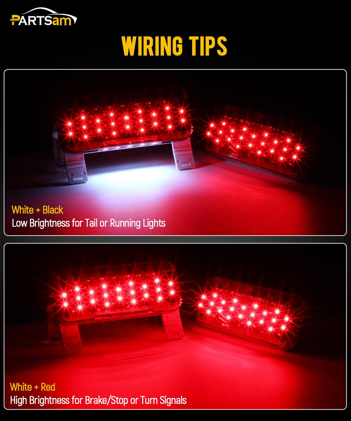 Partsam right unit red LED cluster lit, offering bright stop and turn visibility