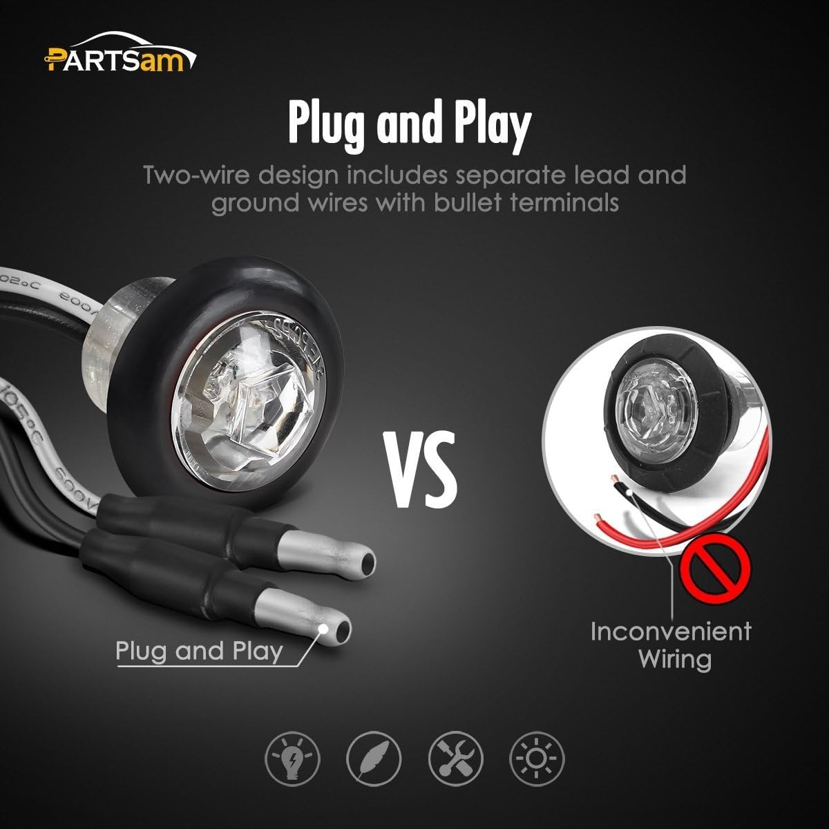 Partsam wiring with bullet plug connectors showing plug-and-play convenience benefit