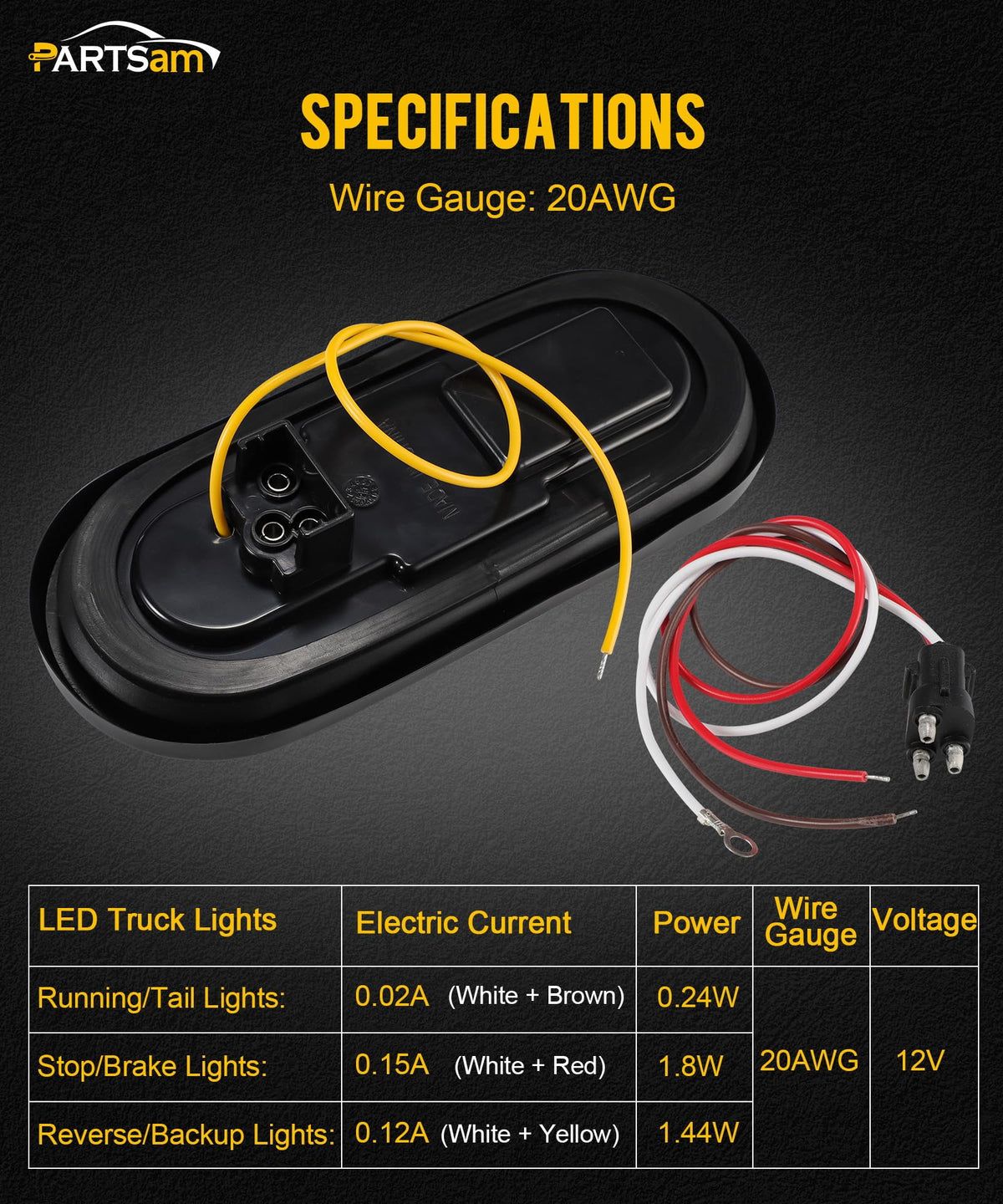 Partsam four-wire harness detail with labeled wires, speeds correct trailer electrical hookup