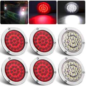 Partswcgg front view of 4 inch round flange-mount tail lights showing chrome bezel and lens, highlights easy install
