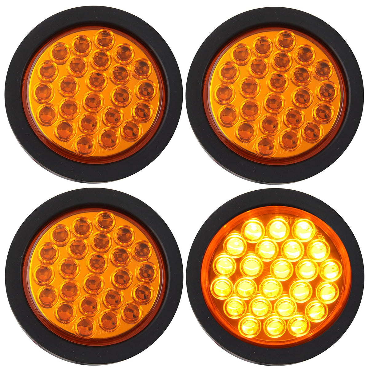 Partswcgg front view of four amber recessed lights showing compact design and bright signal