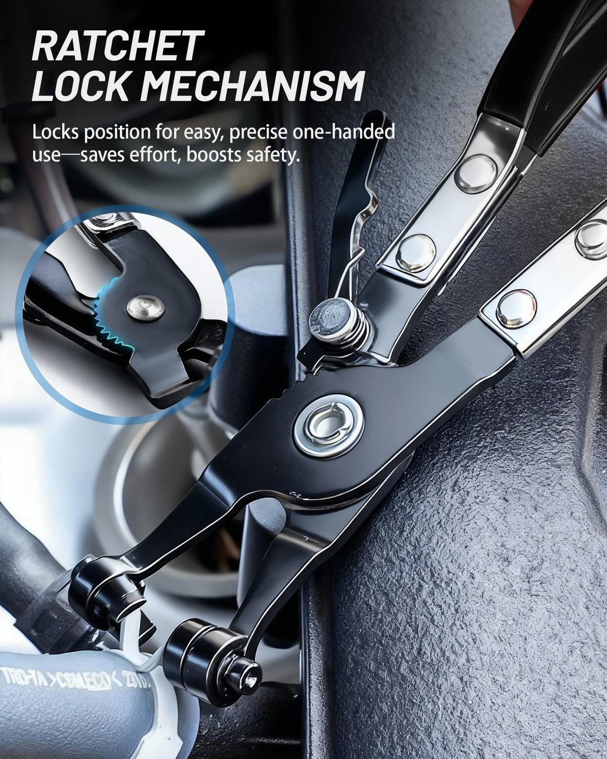 PARTWELL swivel-jaw band clip pliers detail showing adjustable angle for tight spaces