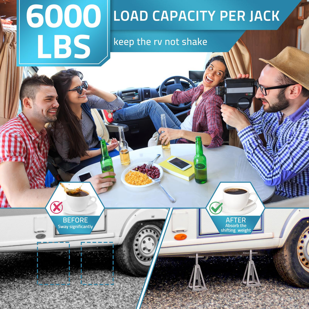 PAULINN jacks adjusted under trailer showing improved campsite stability