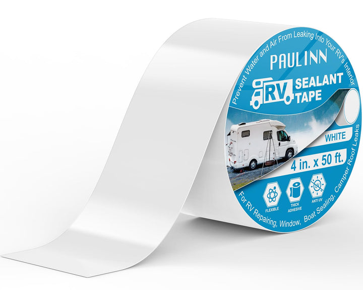 PAULINN front packaging showing white roof repair tape and benefits