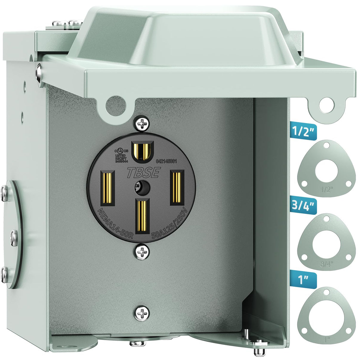 PAULINN front view of NEMA 14-50R outlet box showcasing secure access and durability