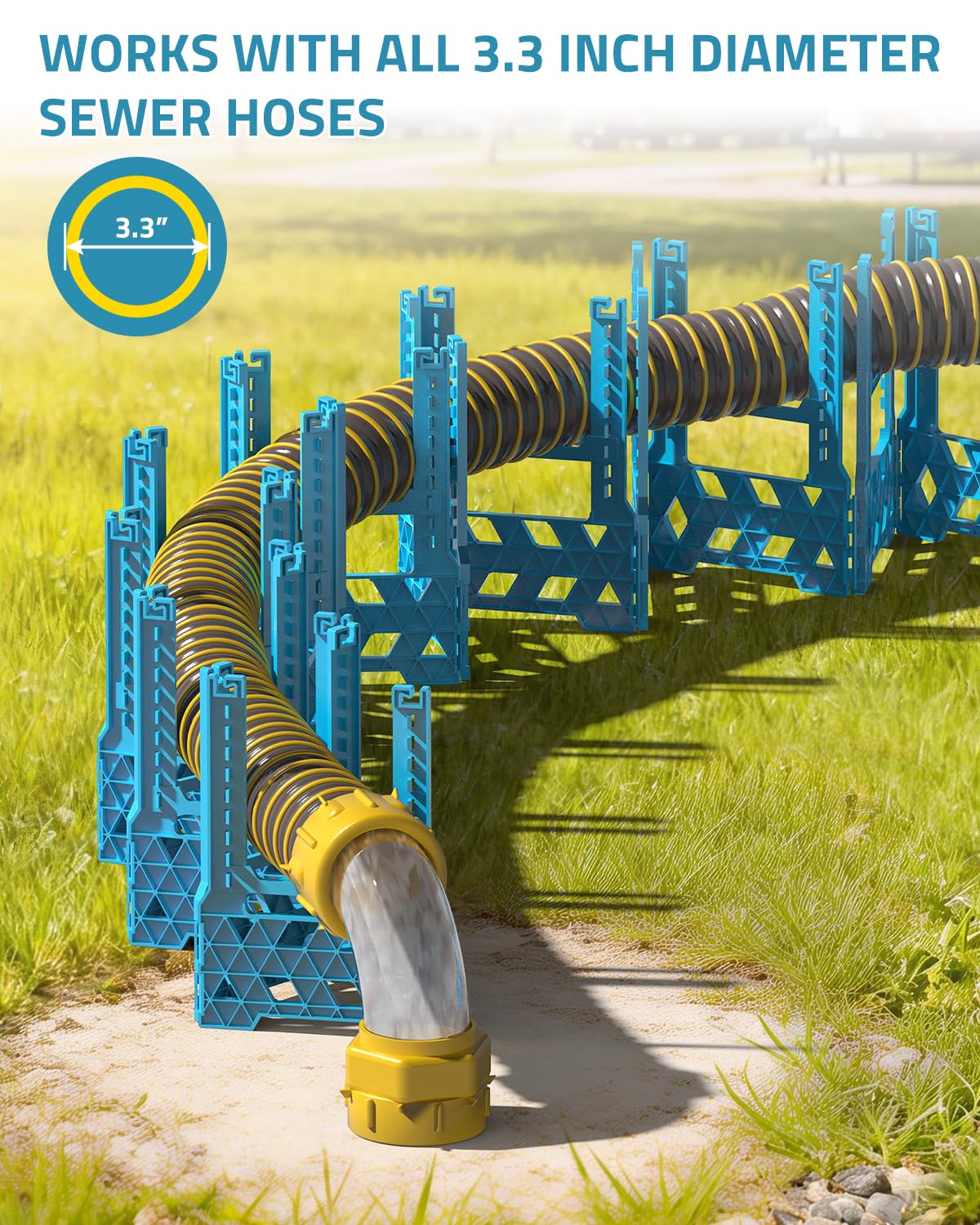 PAULINN support installed at RV dump station for cleaner hands-free drainage