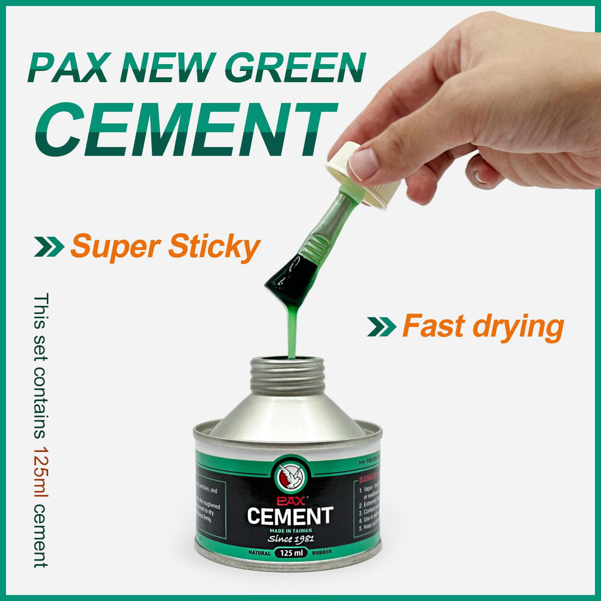 PAX rubber cement bottle close-up showing label and quick-dry glue benefit