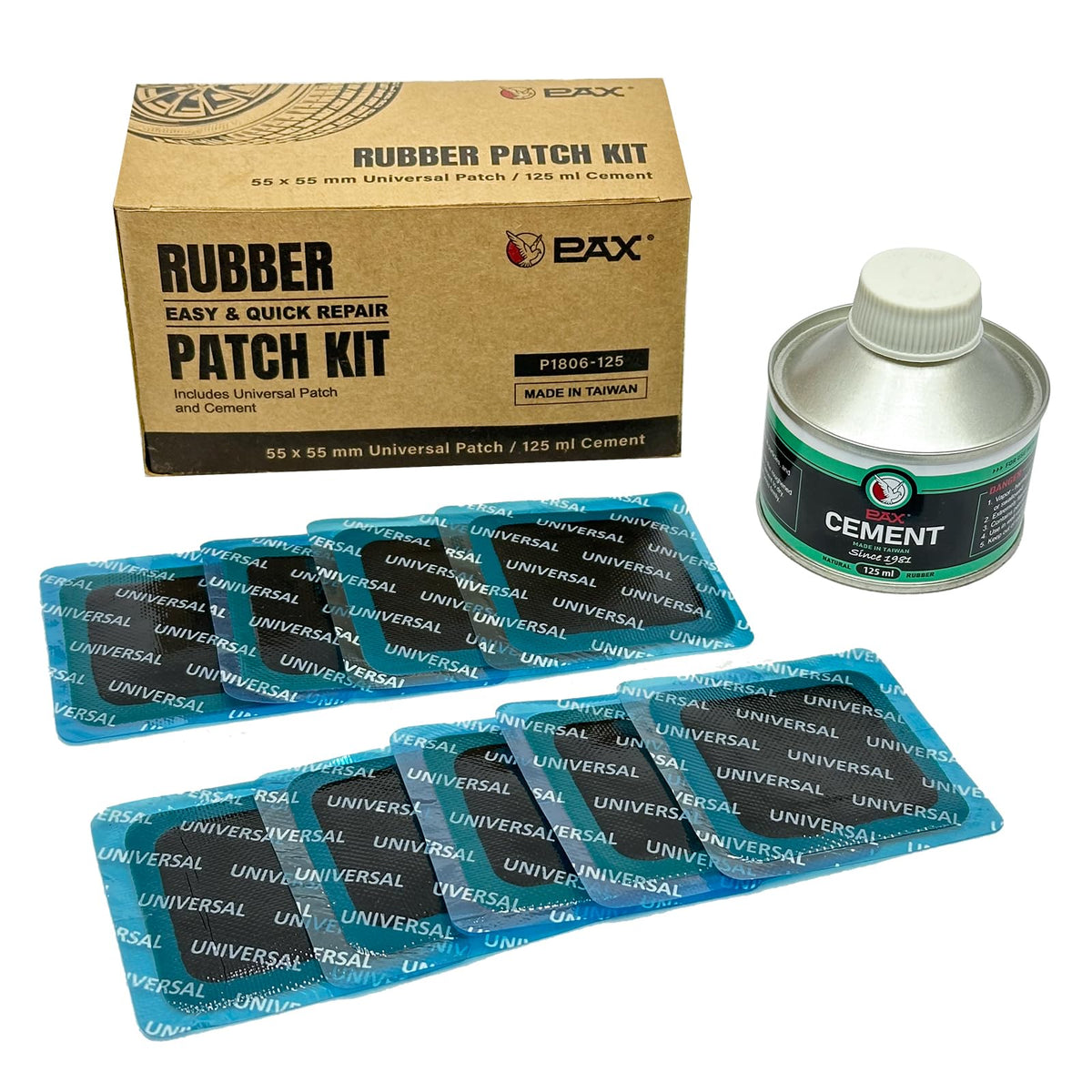 PAX front packaging showing full tire patch kit and contents for dependable repairs