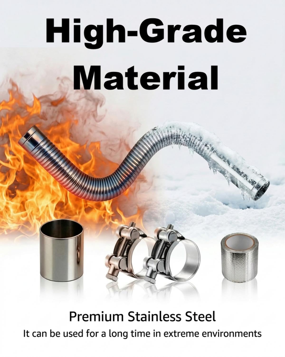 PAZLAM flexible exhaust tube next to ruler showing 27.6-inch length for size verification
