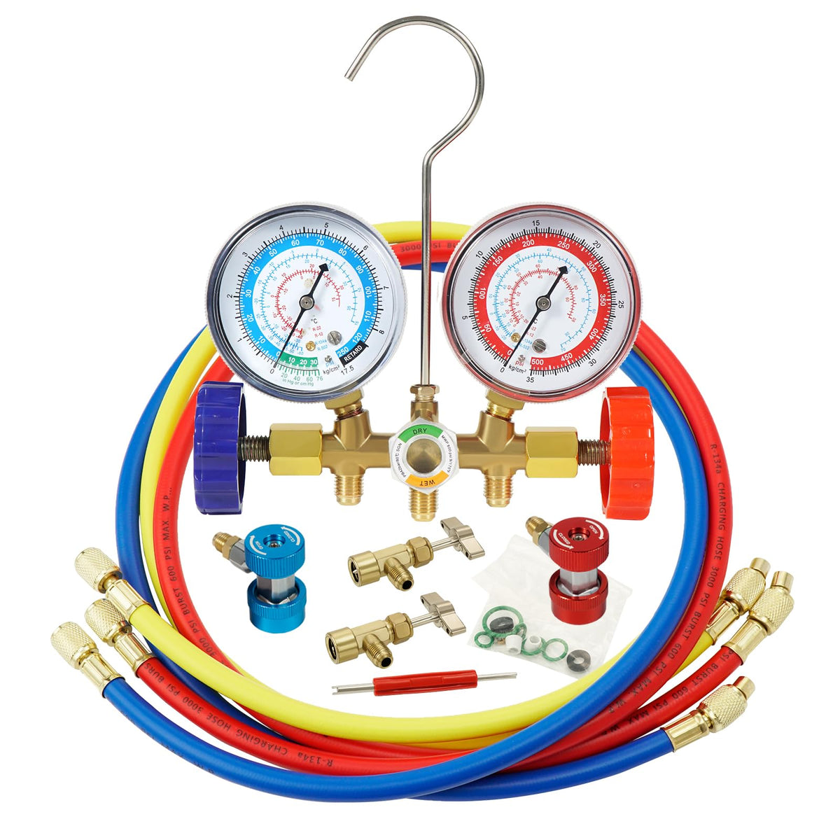 PB Motor Tech BMT front view manifold gauge set showing complete kit and durability
