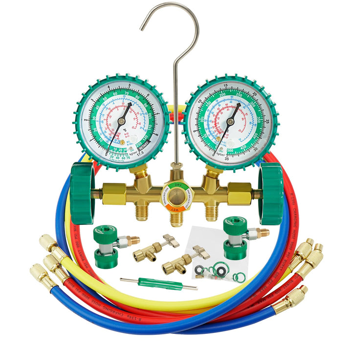 PB Motor Tech front view of green 3-way manifold gauge kit showing complete set and readiness