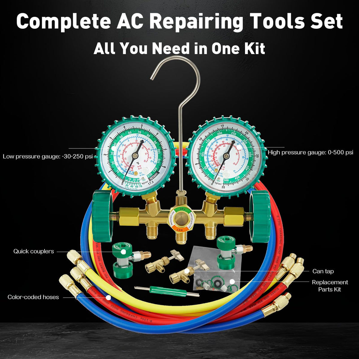 PB Motor Tech technician using the manifold gauge on an automotive AC system for efficient service
