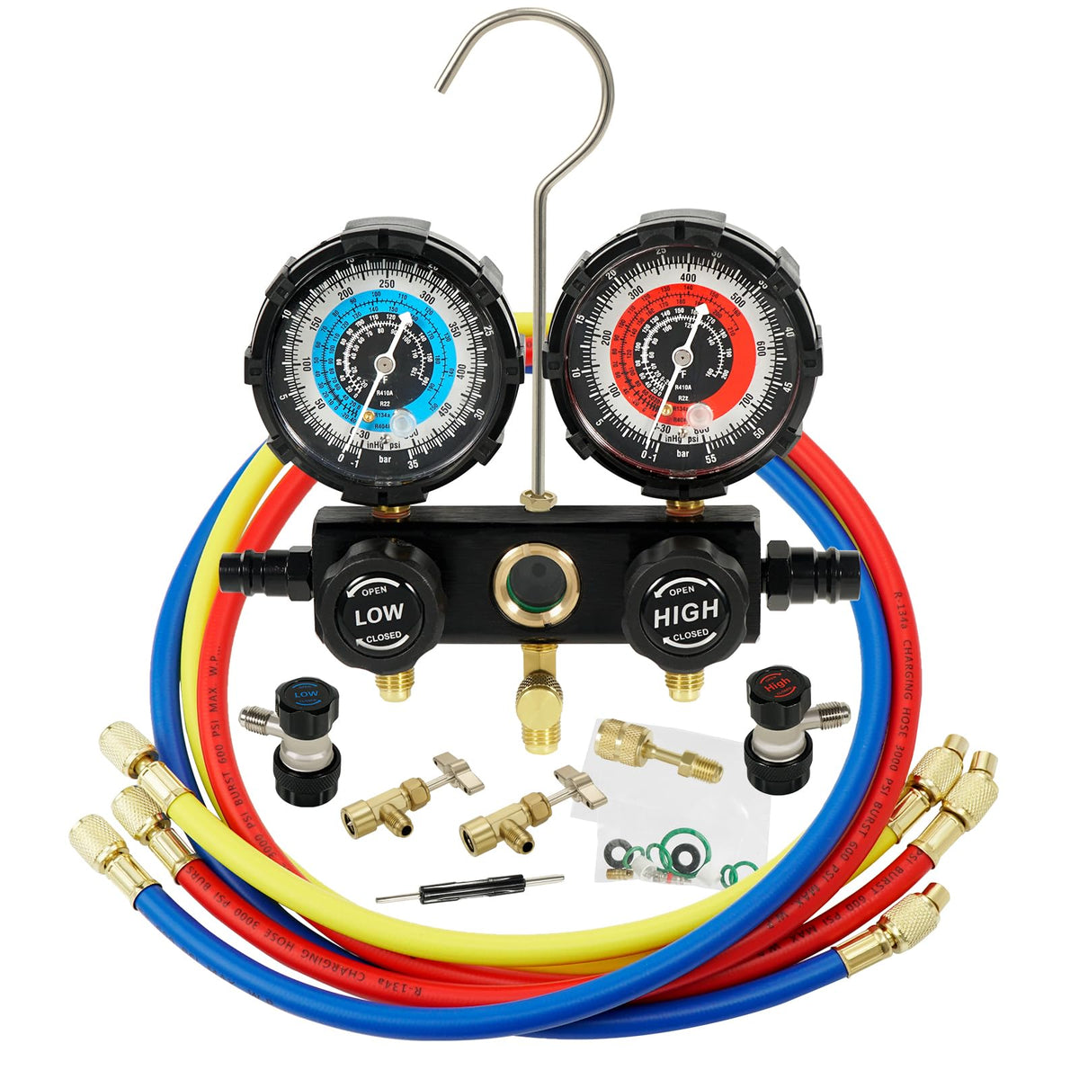 PB Motor Tech front manifold gauge showing dials and ports for quick readings