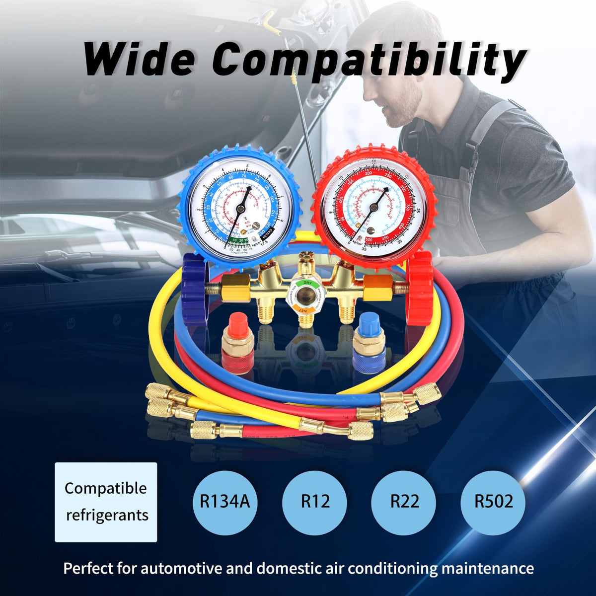 PB Motor Tech BMT manifold kit in use on automotive AC for practical diagnostics
