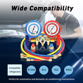 PB Motor Tech BMT manifold kit in use on automotive AC for practical diagnostics