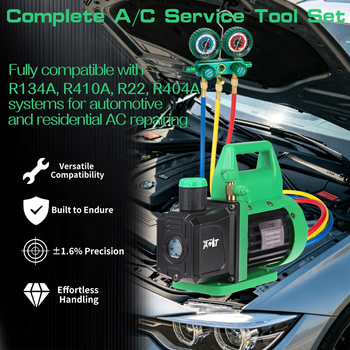 PB Motor Tech repair scene showing kit in use for efficient evacuation and charging on an AC unit