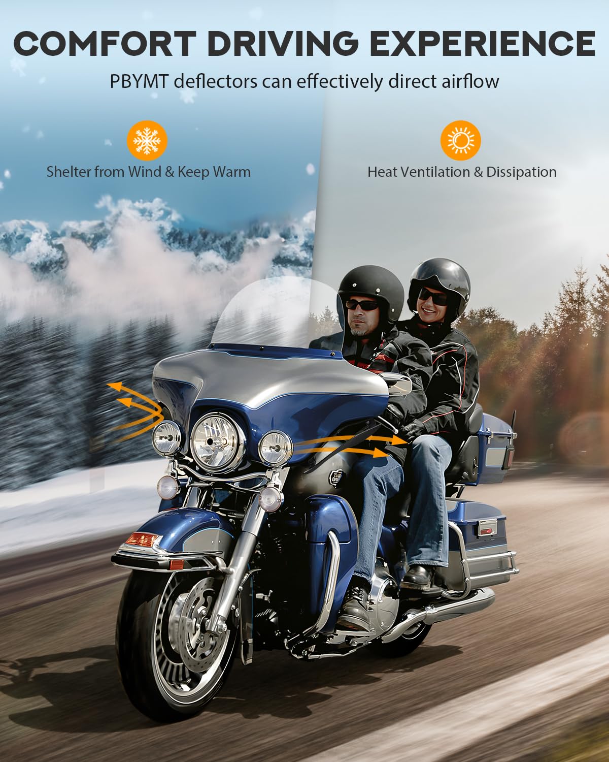 PBYMT mounted on motorcycle side profile demonstrating reduced wind buffeting benefit
