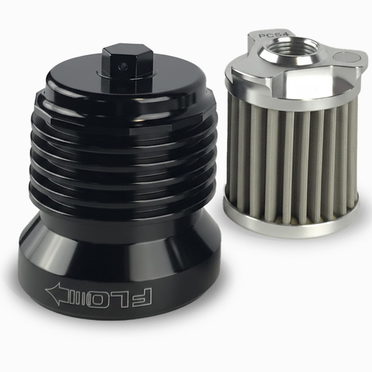 PC Racing FLO PCS4B front view showing black anodized housing and spin-on design for visual fit