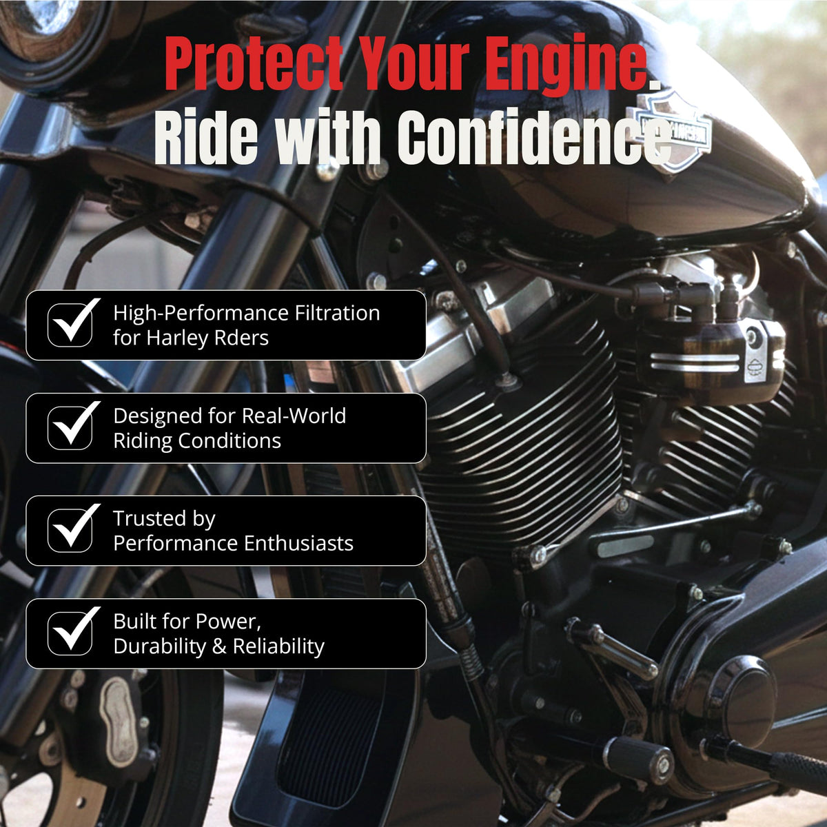 PC Racing on ridden Harley in sunlight showing premium look and road-ready reliability