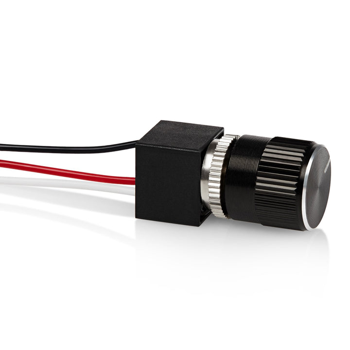 PCA dimmer front panel view showing black rotary knob and mounting bezel for clean installation