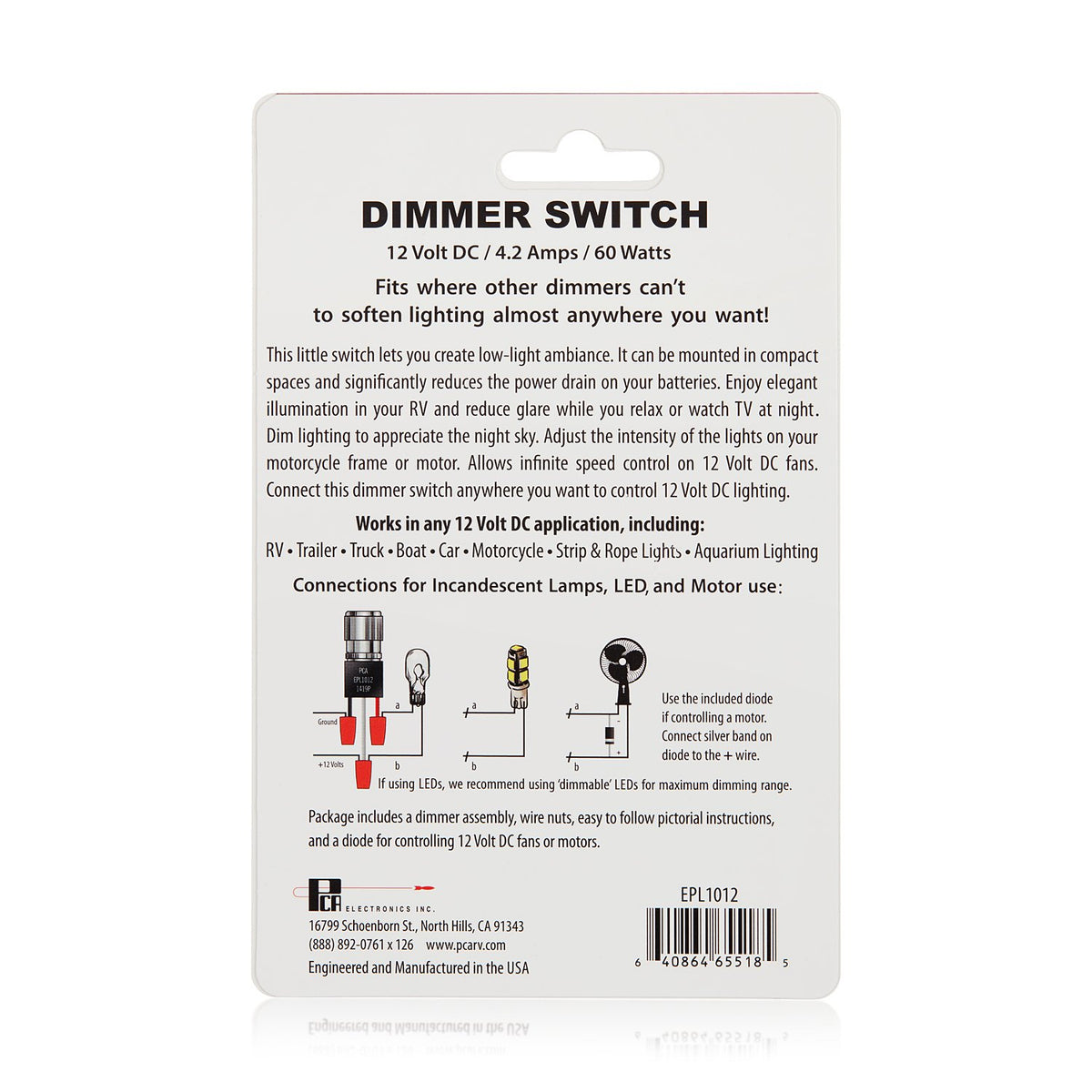 PCA dimmer rear label and terminals for identifying wiring and ensuring proper hookup