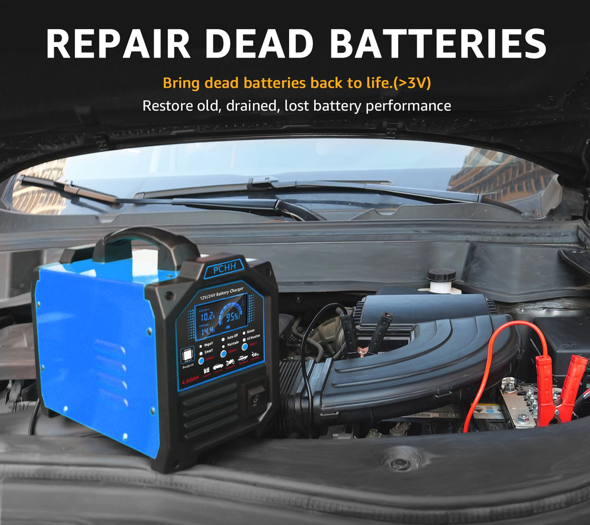 PCHH charger clamps and cords connected to battery for safe charging