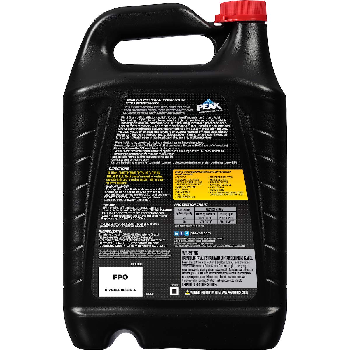 PEAK FINAL CHARGE label close-up highlighting specifications and benefits