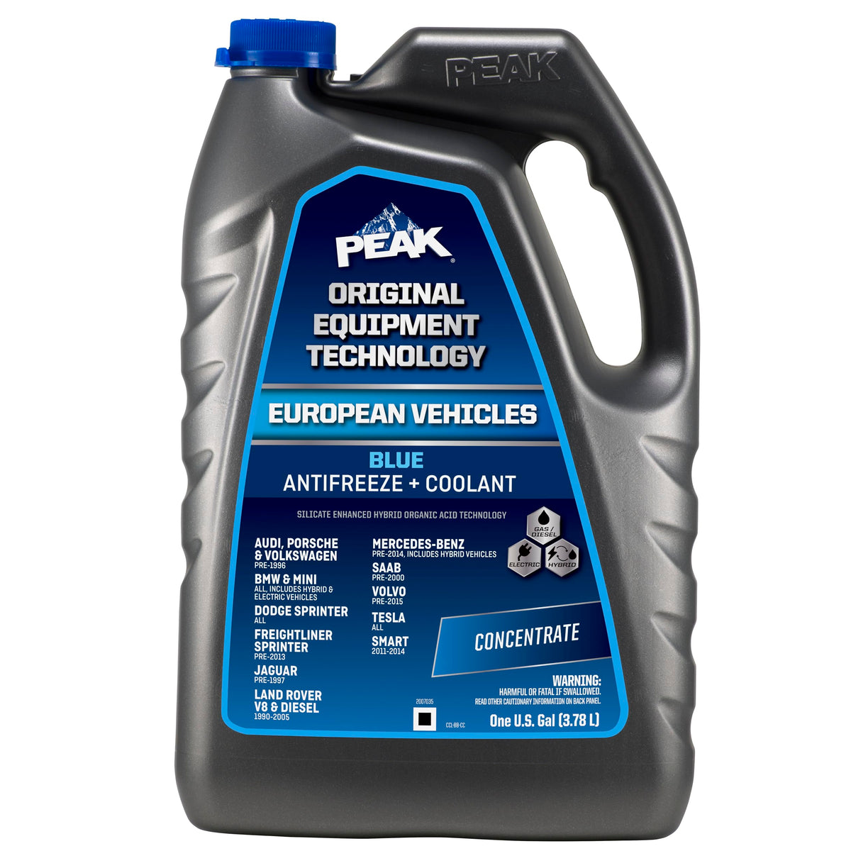 PEAK blue concentrate front label showing product name and capacity benefit