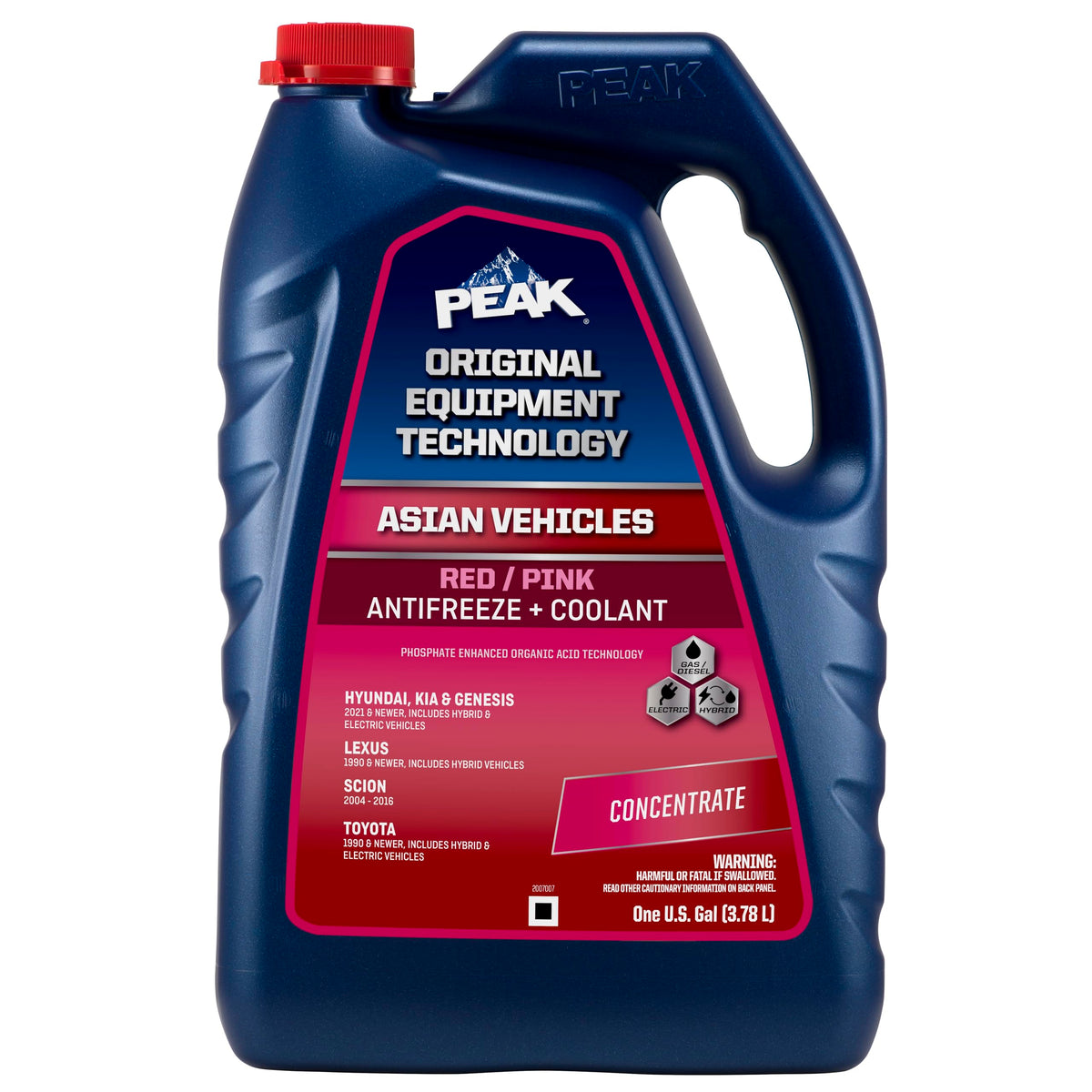 PEAK front label showing red/pink POAT concentrate and vehicle compatibility benefits