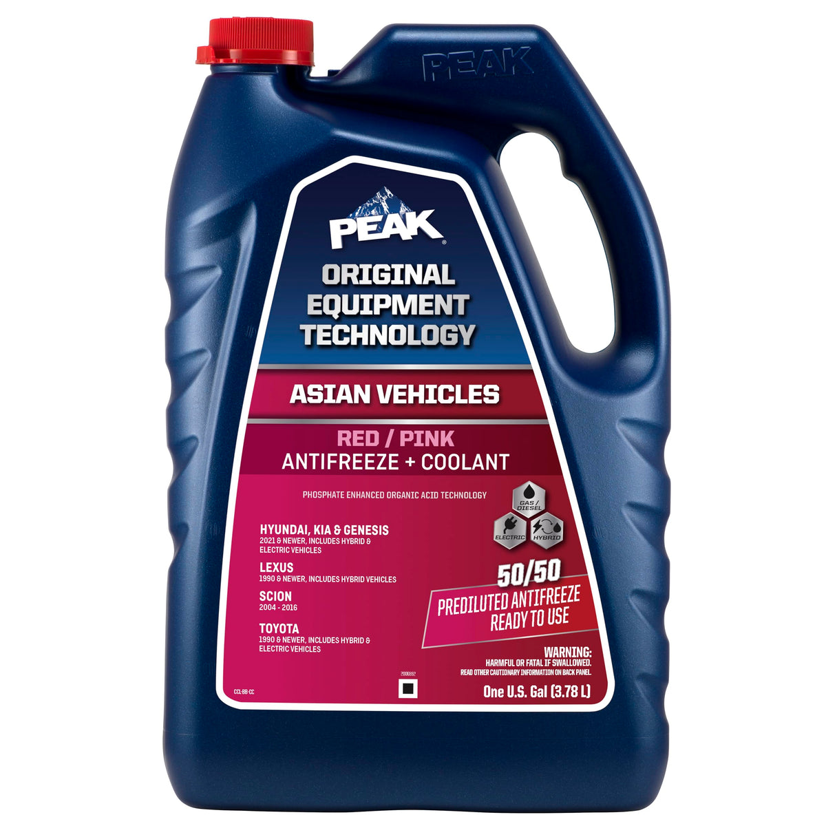 PEAK OET front label showing red pink coolant and vehicle compatibility benefit