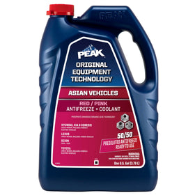 PEAK OET front label showing red pink coolant and vehicle compatibility benefit