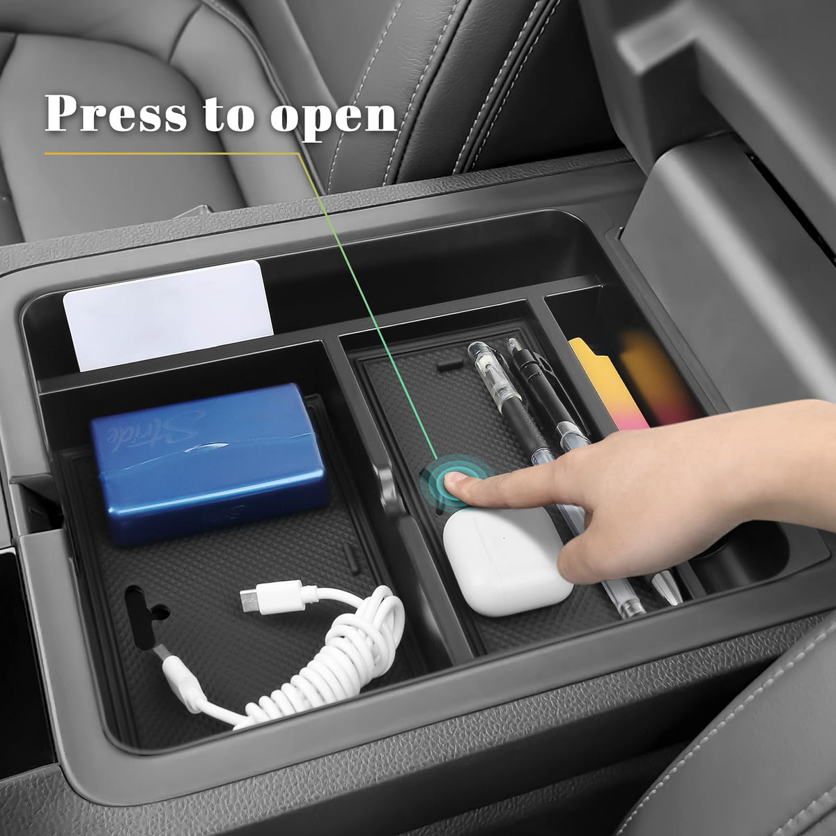 PeakPurit tray seated in console showing snug fit prevents shifting