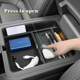 PeakPurit tray seated in console showing snug fit prevents shifting