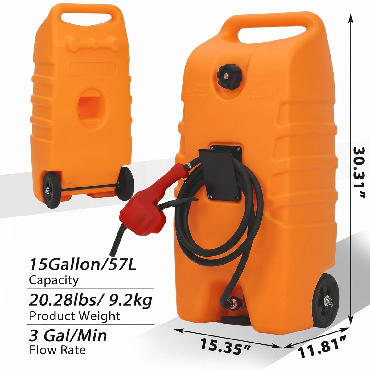 PeakPursuit 10-foot hose and nozzle ready for controlled fuel transfer