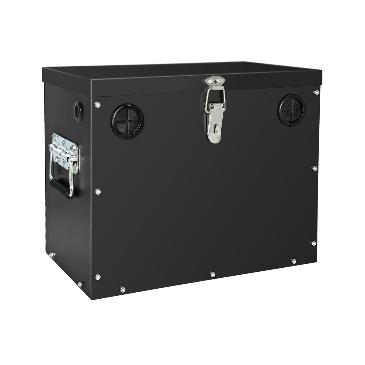 peastorm front view of steel battery box showing compact secure design