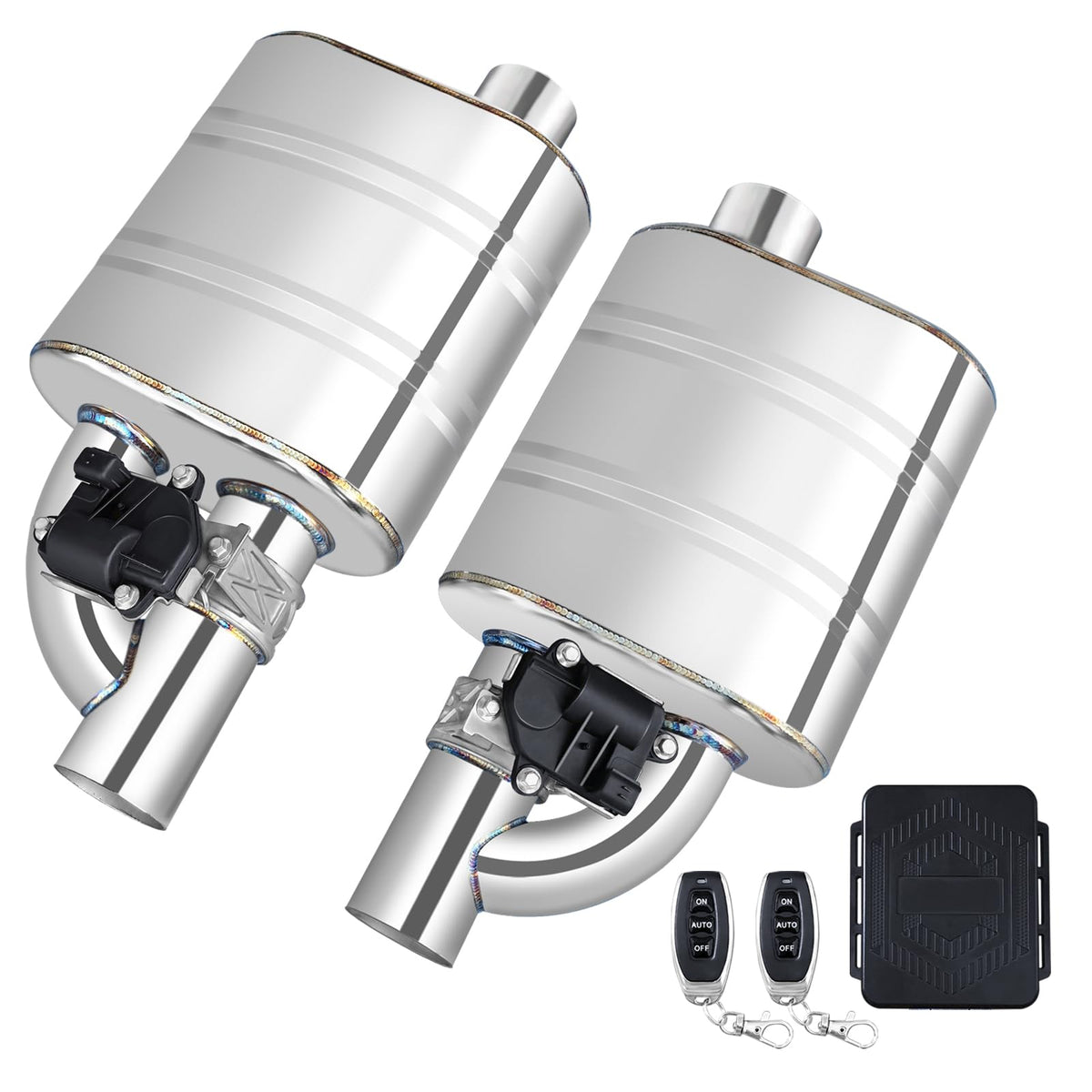 peastorm front view of both valved mufflers showing robust construction and easy fit