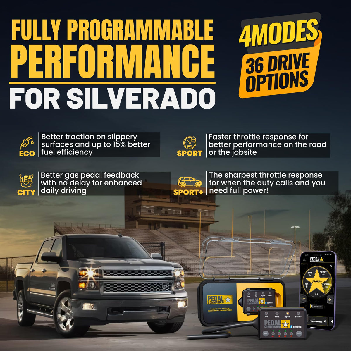 PEDAL COMMANDER app on smartphone displaying modes, PEDAL COMMANDER enables wireless tuning