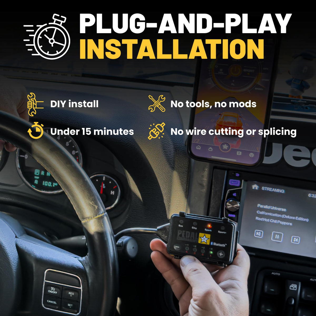 PEDAL COMMANDER on a Jeep Wrangler off-road trail illustrating improved throttle control benefit