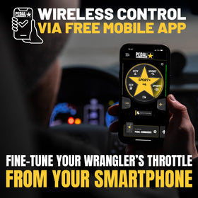 PEDAL COMMANDER next to a hand for scale showing compact, unobtrusive design benefit