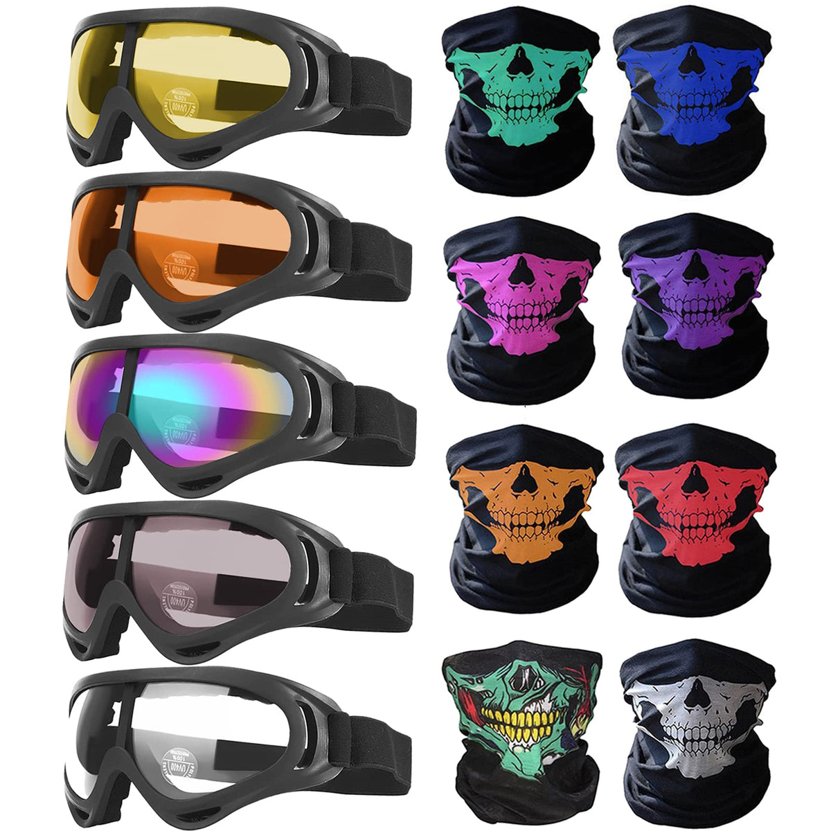 Peicees front packaging of 13-piece ATV goggles set shows full kit and benefits