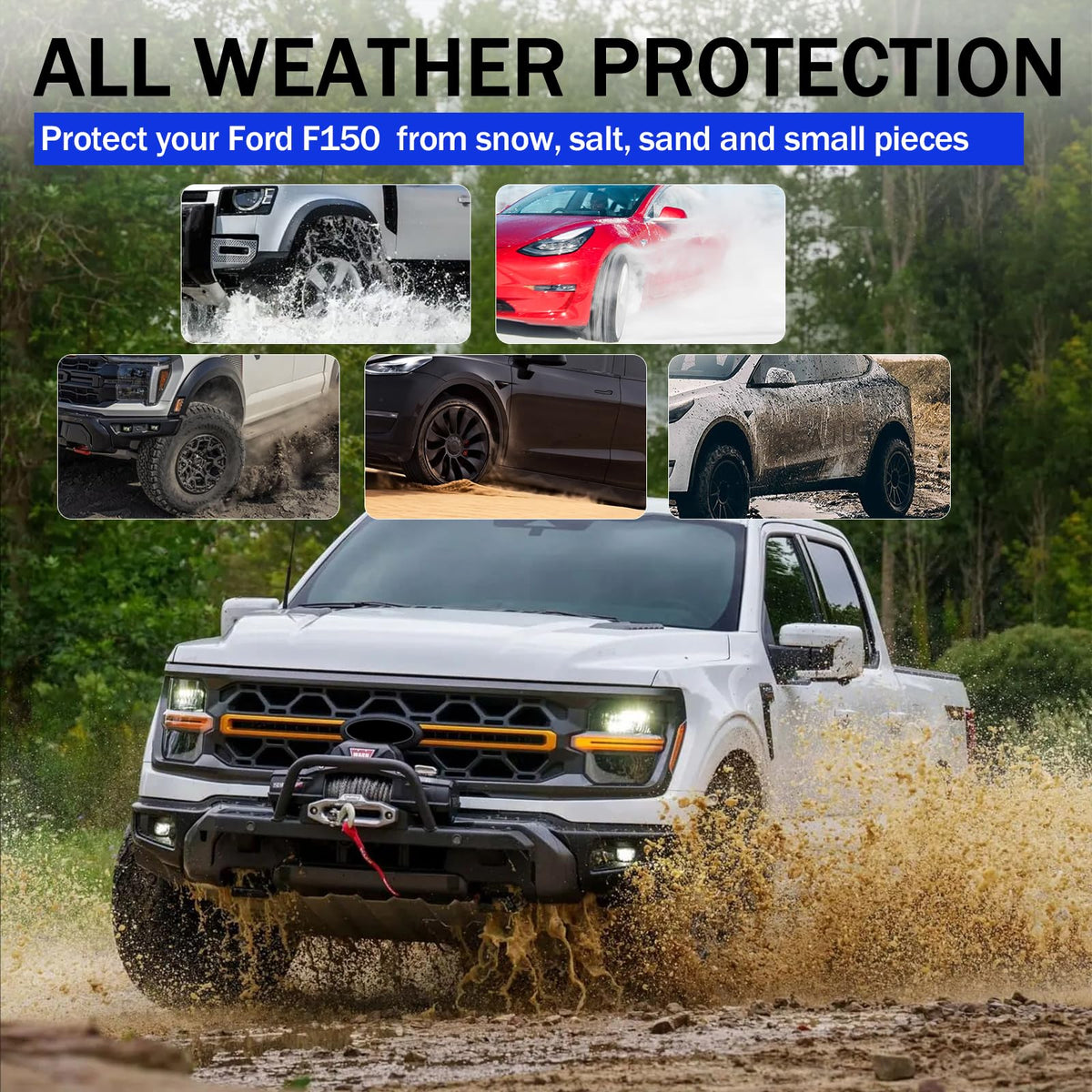 PELEUS mud flaps on F-150 driving on gravel showing debris protection
