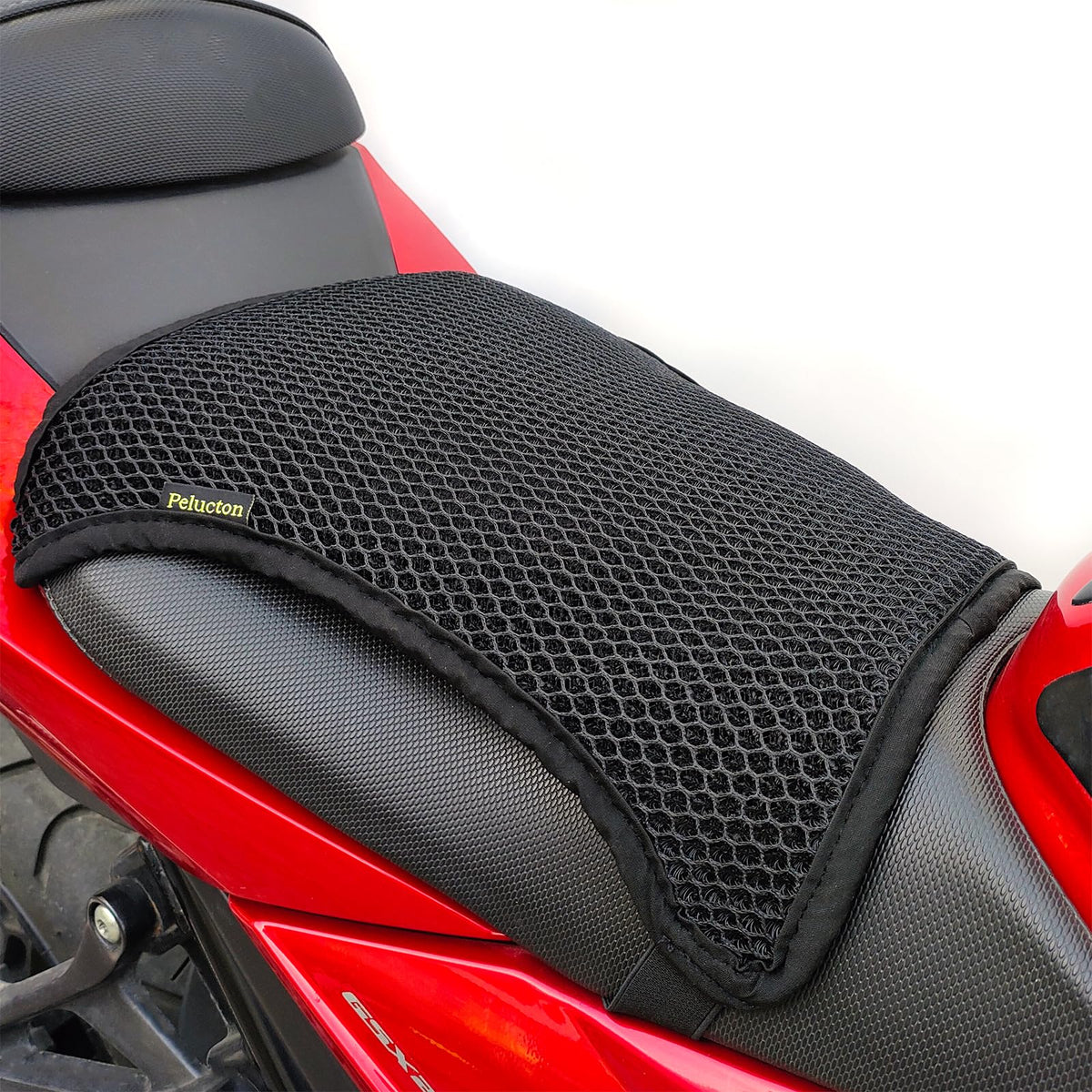 Pelucton front view showing the seat cover and quick-fit benefit