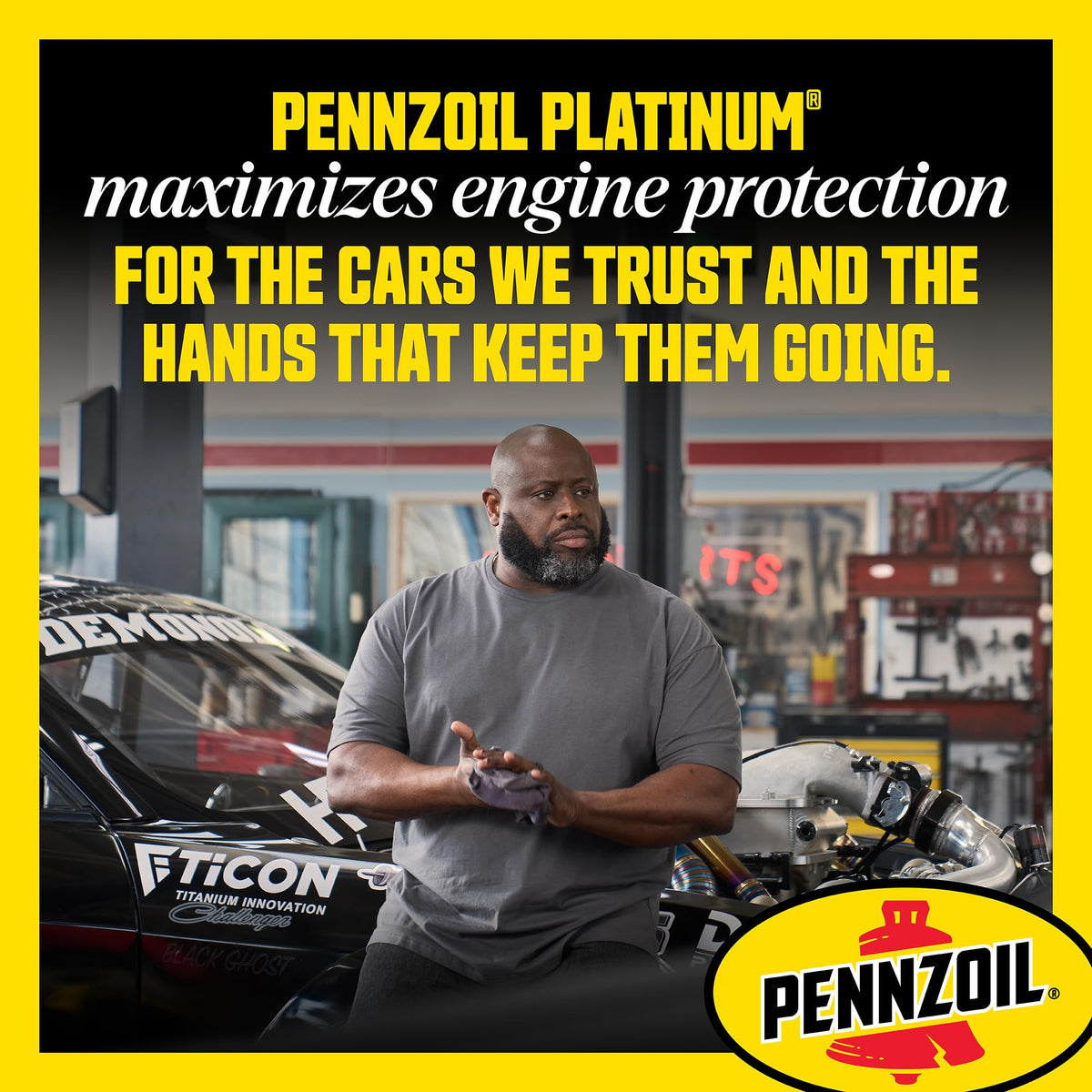 Pennzoil bottle beside car engine bay showing compatibility and maintenance readiness