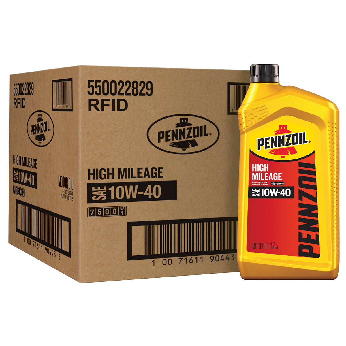 Pennzoil front packaging showing 10W-40 high mileage oil and long-term protection