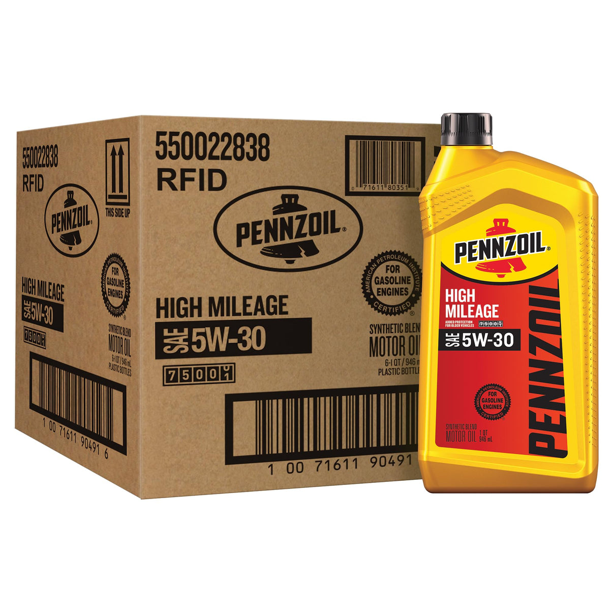 Pennzoil High Mileage front label showing product identity and benefits