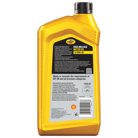 Closeup of Pennzoil label highlighting high mileage benefits and specifications