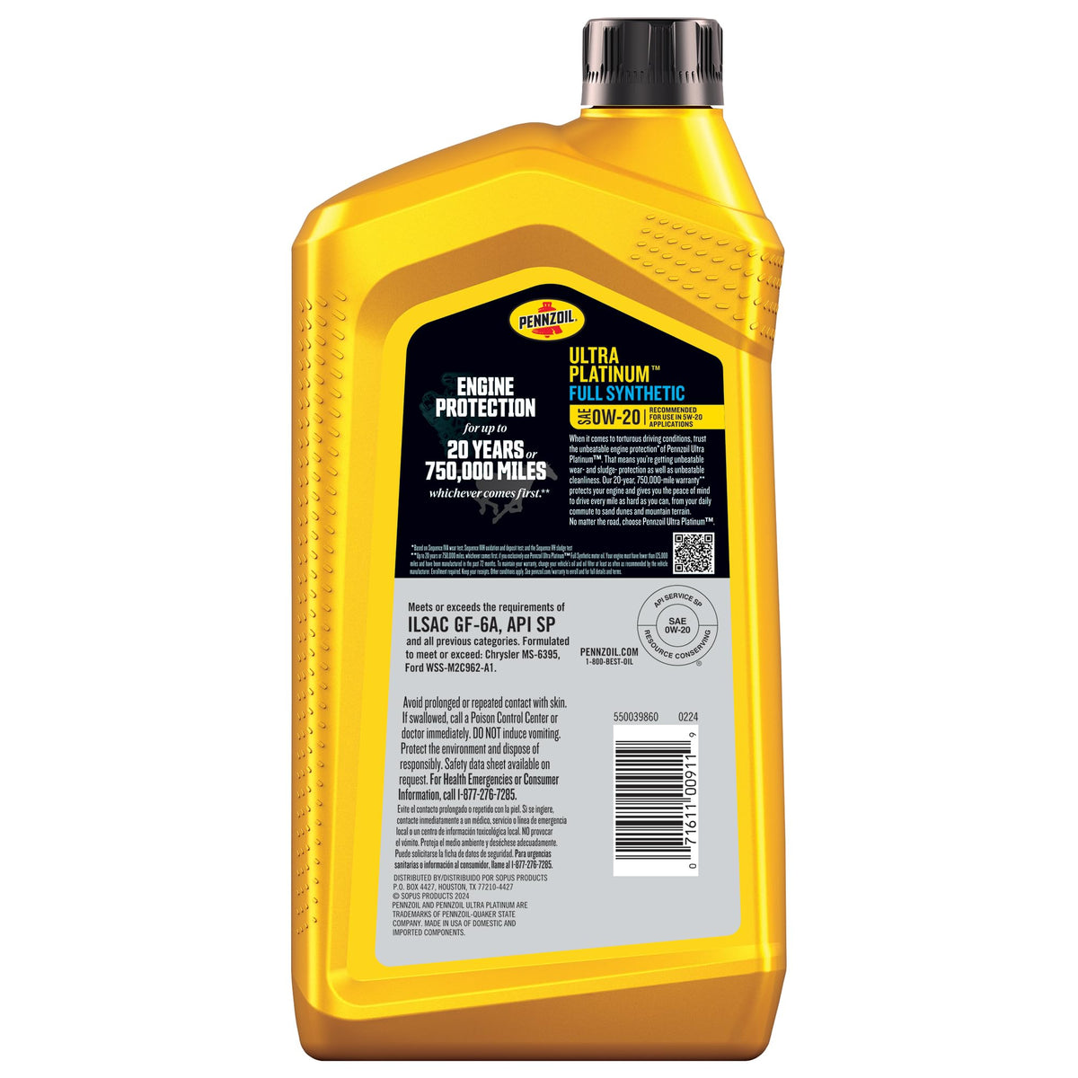 Pennzoil label close-up highlighting specifications and performance benefits