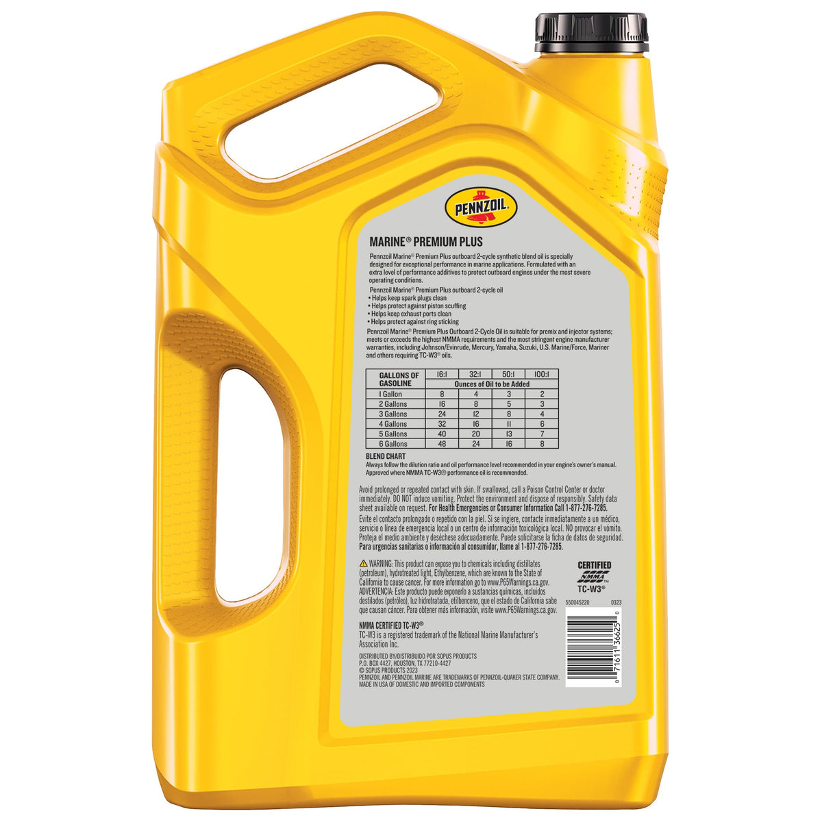 Close-up of Pennzoil label details and NMMA TC-W3 approval for confidence in specifications